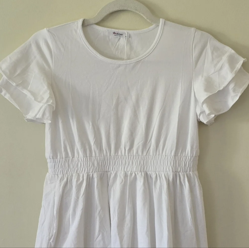 NEW Arshiner White Dress Girl's 12/13 Years (160) Short Ruffle Sleeve, Pockets